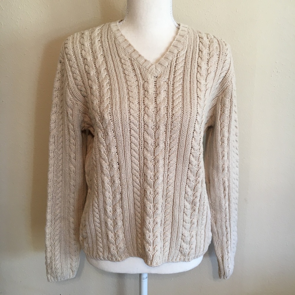 J Crew Chunky Cable Knit V-Neck Pullover Cotton Sweater M